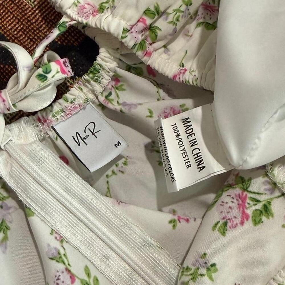 NooR White & Pink Floral Pattern Cottagecore Puff Sleeve Milkmaid Midi Dress - Picture 8 of 8
